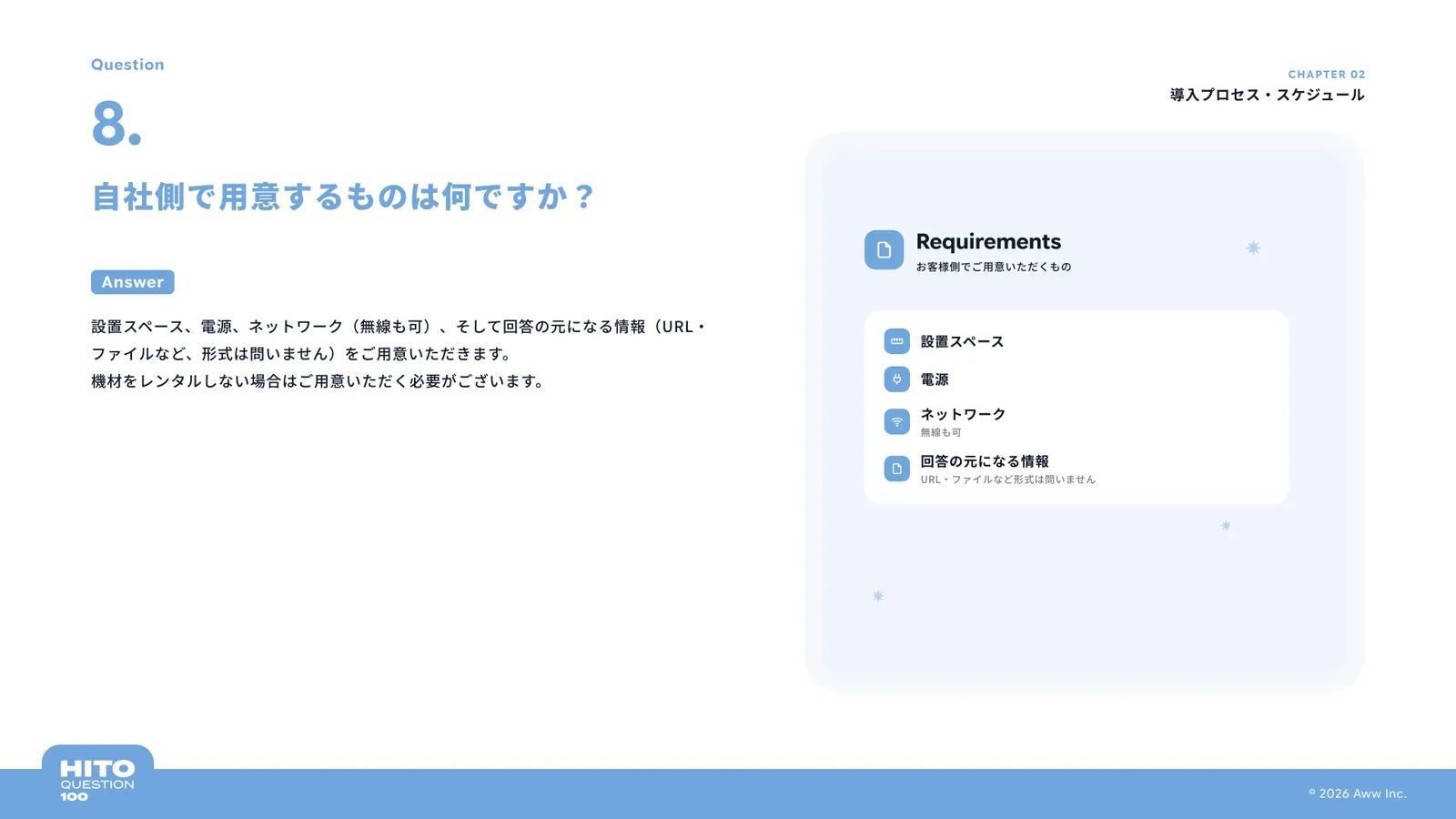 自社側で用意するものは何ですか？（スライド13ページ目）