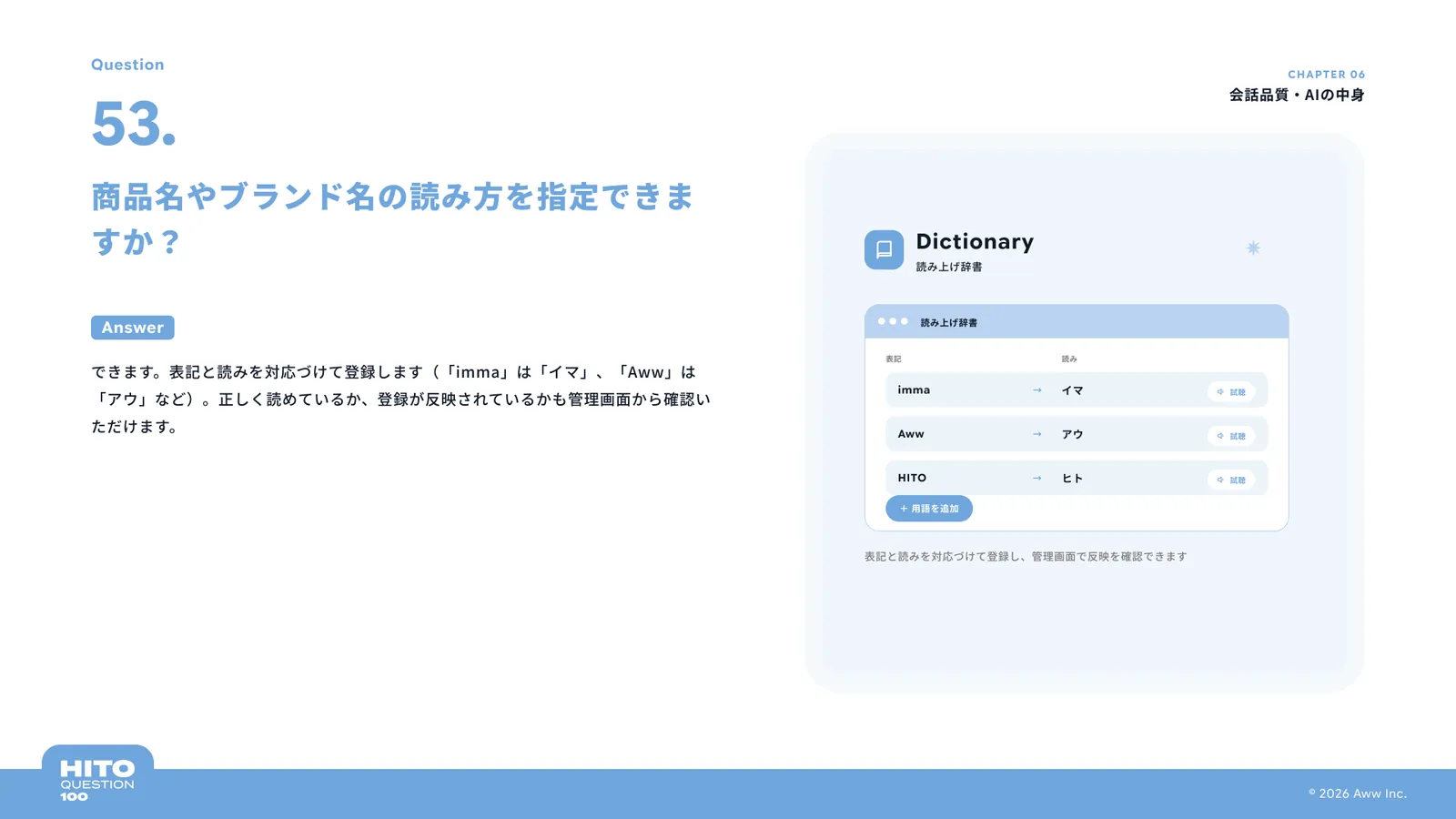 商品名やブランド名の読み方を指定できますか？（スライド62ページ目）