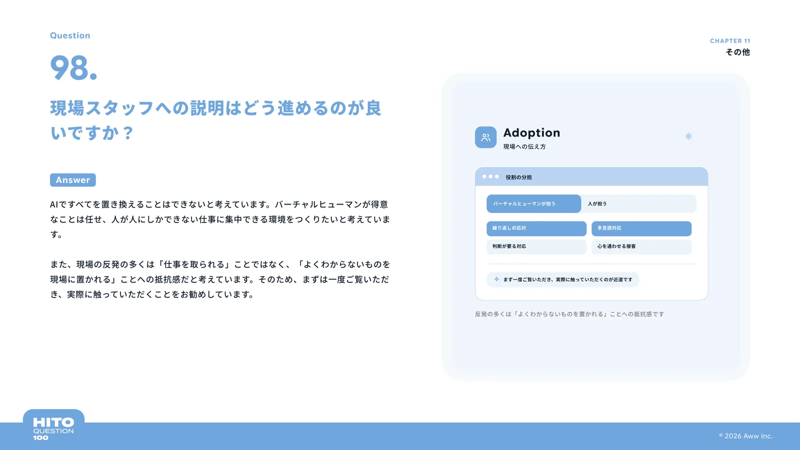 現場スタッフへの説明はどう進めるのが良いですか？（スライド112ページ目）